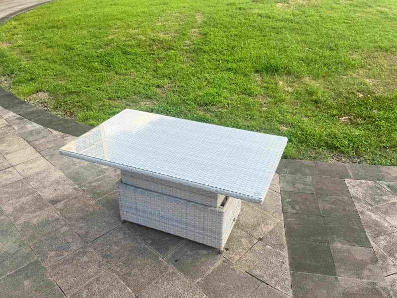 Fimous Light Grey Rattan Outdoor Garden furniture Set Height Adjustable Rising Lifting Table and 6 Chairs Set with Seat Cushion