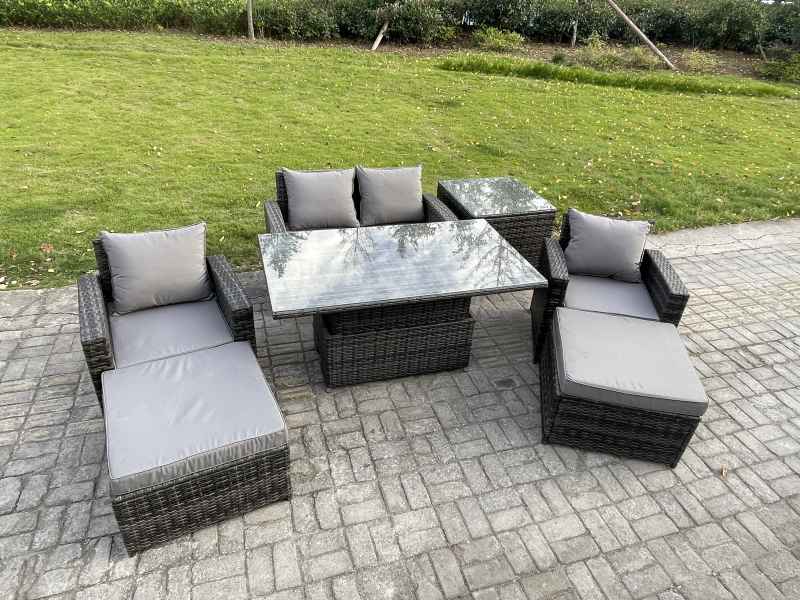 Fimous High Back Rattan Garden Furniture Sofa Sets with Height Adjustable Rising Lifting Table Side Table 2 Big Footstool Dark Grey Mixed