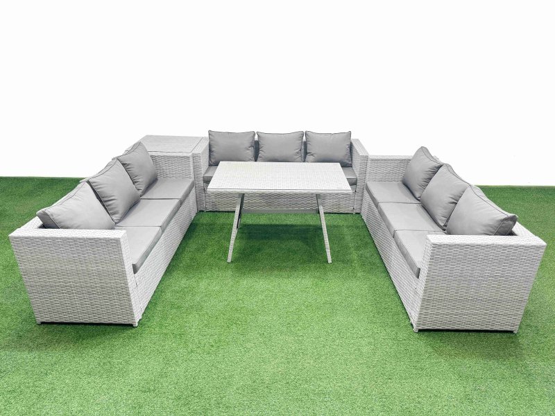 Fimous 9 Seat Outdoor Patio PE Rattan Garden Furniture with Cushions 3 Seater Sofa Side Table Light Grey