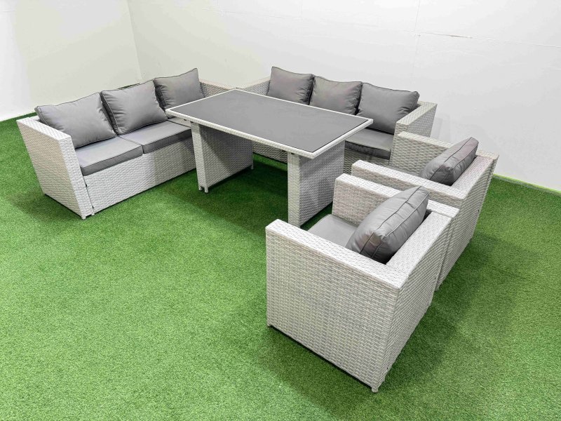 Fimous 8 Seater Wicker PE Rattan Furniture Outdoor Dining Table 3 Seater Sofa Armchair Set Light Grey