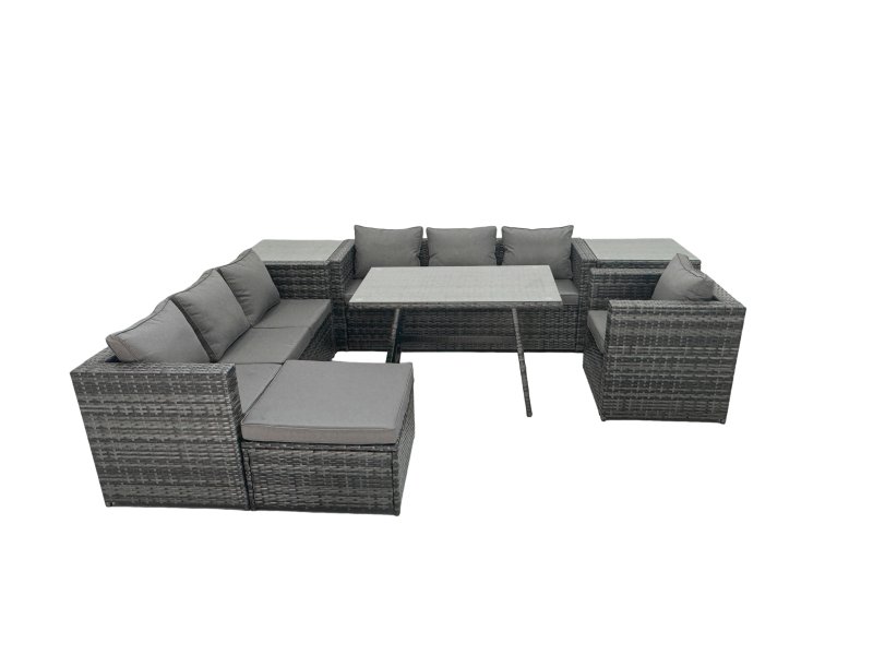 Fimous Rattan Dining Table Sofa Set with 2 Side Table Big Footstool Outdoor Garden Furniture Set Dark Grey Mixed
