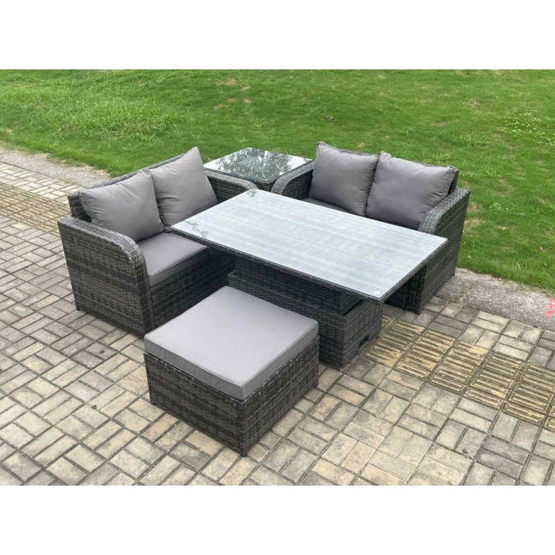 Fimous Outdoor Rattan Furniture Garden Dining Set Height Adjustable Rising lifting Table Love Sofa Set With Side Table Big Footstool Dark Grey Mixed