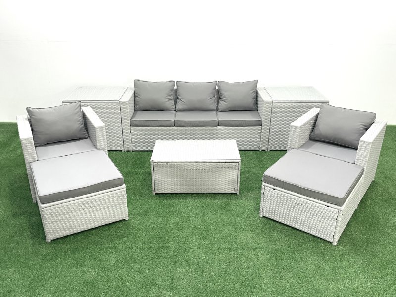 Fimous Rattan Garden Furniture Set with 3 Seater Sofa 2 Chair Rectangular Coffee Table 2 Big Footstools 2 Side Tables Light Grey Mixed 7 Seater