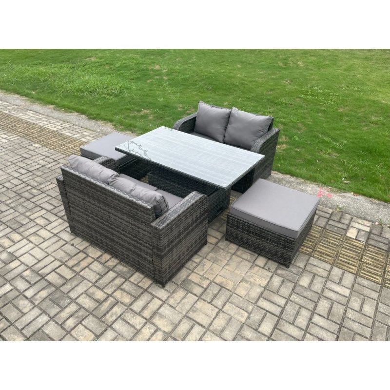 Fimous Outdoor Rattan Furniture Garden Dining Set Height Adjustable Rising lifting Table Love Sofa Set With 2 Big Footstool Dark Grey Mixed