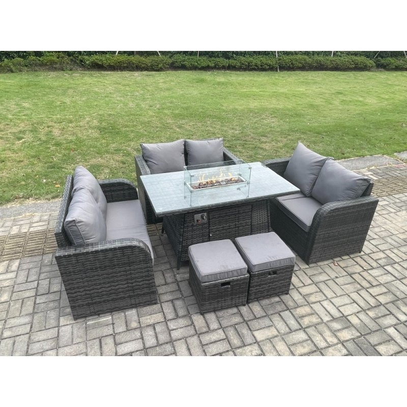 Fimous 8 Seater Outdoor Rattan Furniture Garden Dining Set Gas Fire Pit Table with 2 Small Footstools Love Sofa Dark Grey Mixed