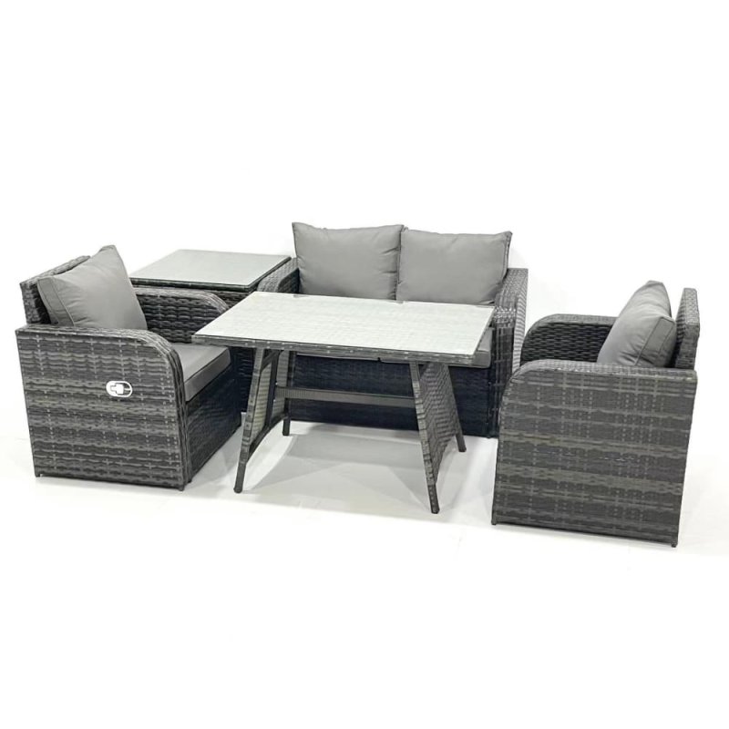 Fimous Outdoor Garden Furniture Set Rattan Sofa Dining Table Set with Reclining Chair Side Table Dark Grey Mixed