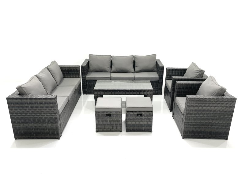 Fimous Rattan Garden Furniture Sofa Set with Coffee table Armchair 2 Small Footstools Dark Grey Mixed