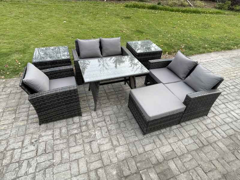 Fimous Wicker PE Rattan Garden Dining Set Outdoor Furniture Sofa with Rectangular Dining Table Love Seat Sofa 2 Side Tables Big Footstool Dark Grey Mixed