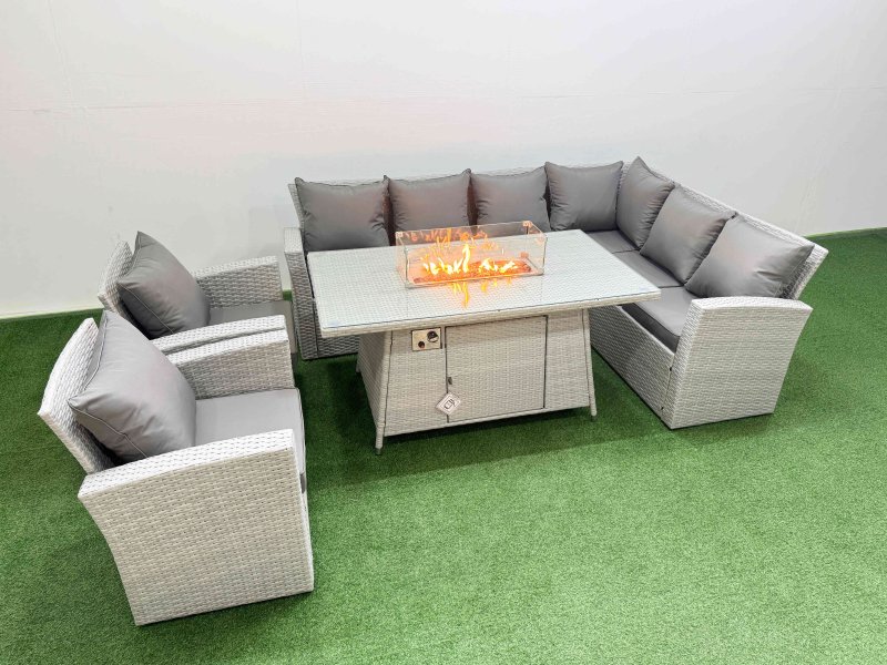 Fimous Rattan Corner Sofa Chair Set Outdoor Furniture Garden Dining Set Gas Fire Pit Table with Temper Glass Light Grey Mixed