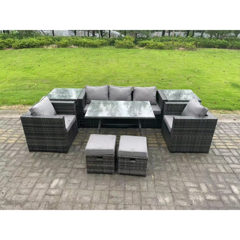 Fimous Rattan Outdoor Furniture Sofa Garden Dining Set with Dining Table 2 Armchairs 2 Side Tables Small Stools Dark Grey Mixed
