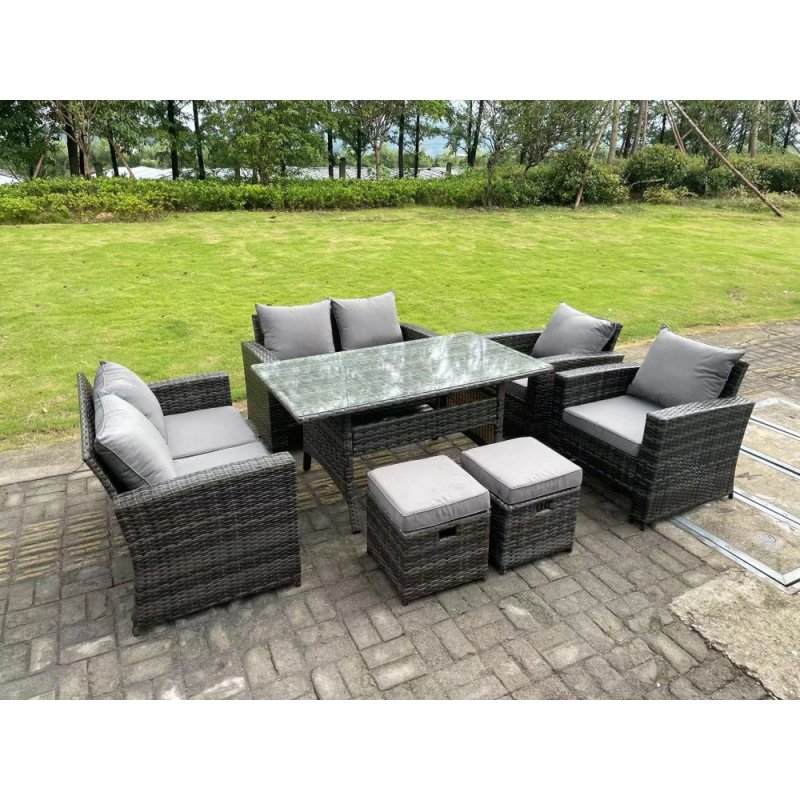 Fimous 8 Seater High Back Dark Grey Mixed Rattan Sofa Dining Table Set Garden Furniture Love Sofa Arm Chair Stools