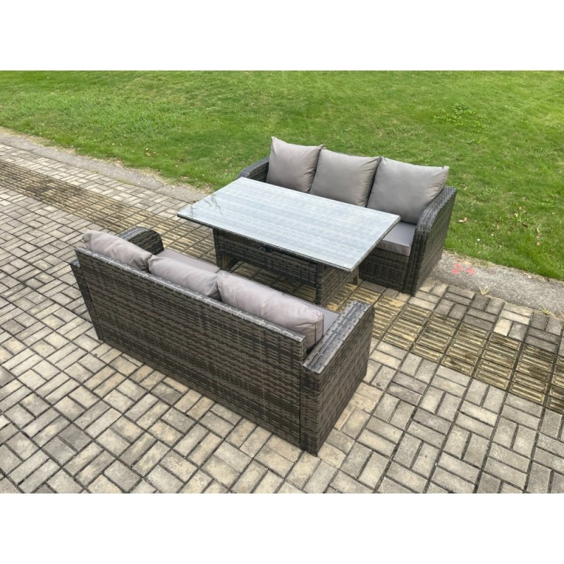 Fimous Patio Rattan Garden Furniture Set with Oblong Rectangular Dining Table 6 Seater Outdoor 3 Seater Sofa Set Dark Grey Mixed
