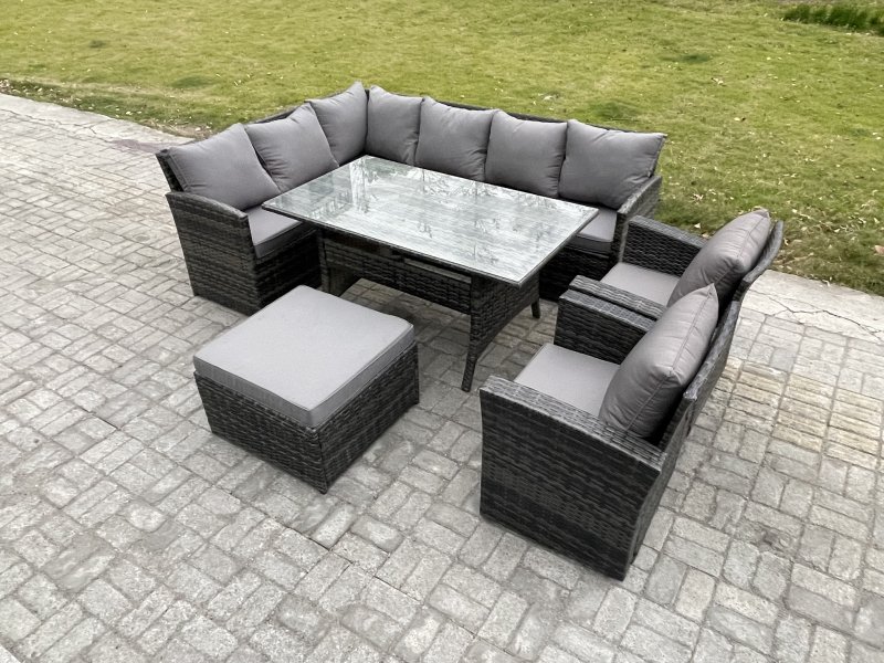 Fimous 9 Seater Outdoor Rattan Garden Furniture Set with Rectangular Dining Table Big Footstool 2 Armchiars Patio Wicker Corner Sofa Set Dark Grey Mixed