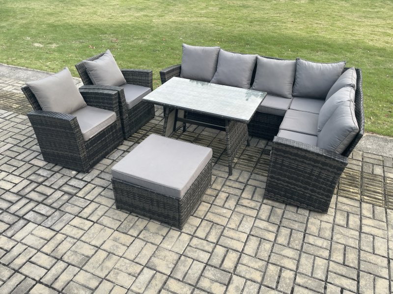 Fimous High Back Outdoor Garden Furniture Set Rattan Corner Sofa Dining Table Set With 2 Armchairs Big Footstool 9 Seater Dark Grey Mixed