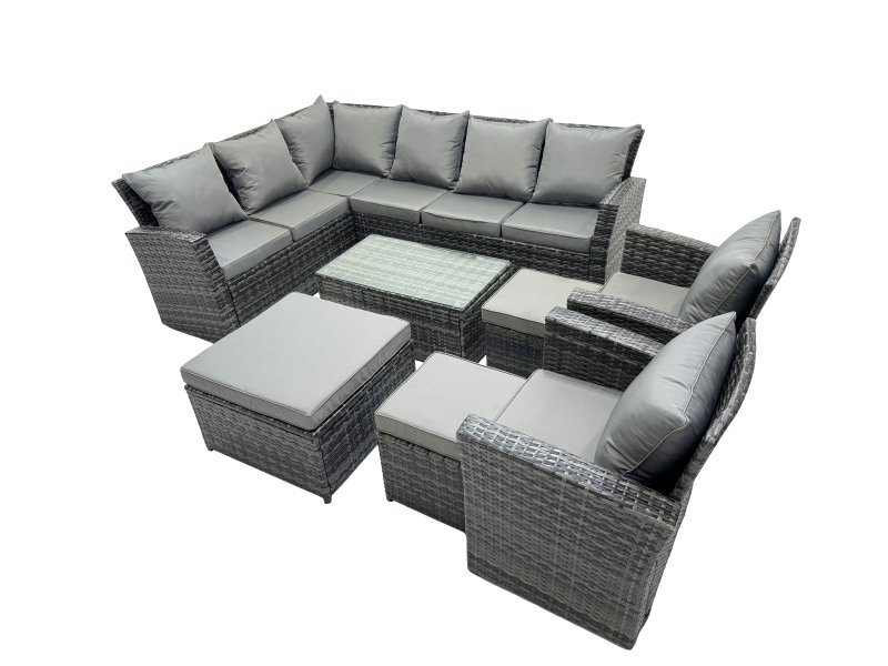 Fimous 11 Seat Rattan High Back Corner Sofa Set Patio Coffee Table Sets with 3 Stools Chair Dark Grey Mixed