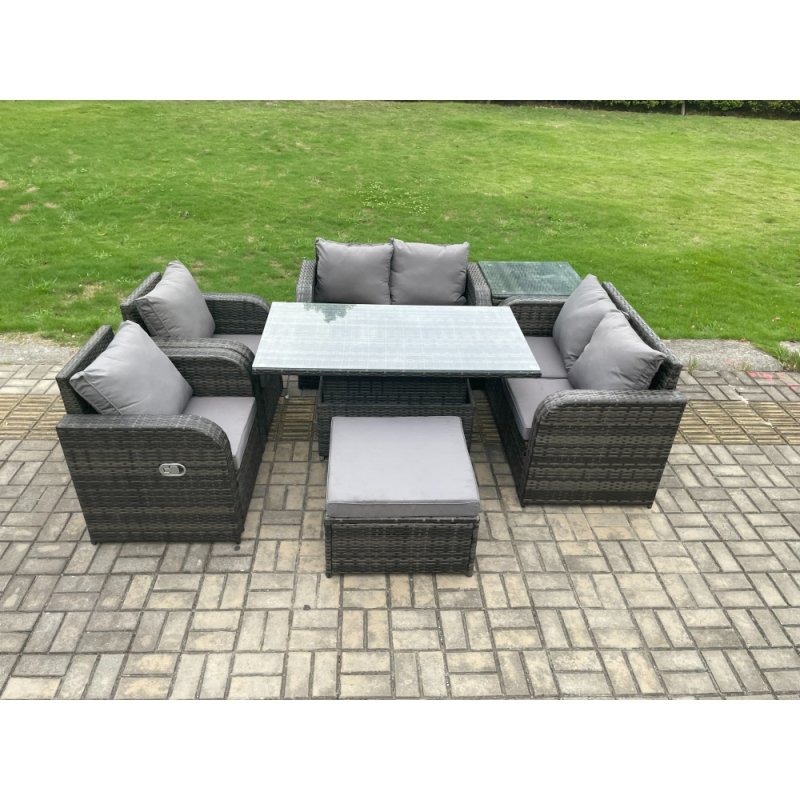 Fimous Rattan Furniture Outdoor Garden Dining Set Patio Height Adjustable Rising lifting Table Love Sofa Chair With Side Table Big Footstool