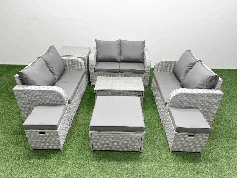 Fimous 9 Seater PE Wicker Rattan Furniture Sofa Sets with Rectangular Coffee Table 2 Seater Love Sofa 3 Stool Side Table Light Grey