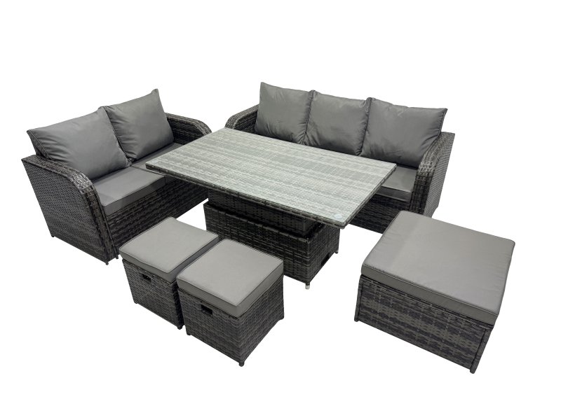 Fimous Rattan Garden Furniture Dining Set 8-seater Patio Height Adjustable Rising Lifting Table Sofa Set with 3 Footstools Dark Grey Mixed