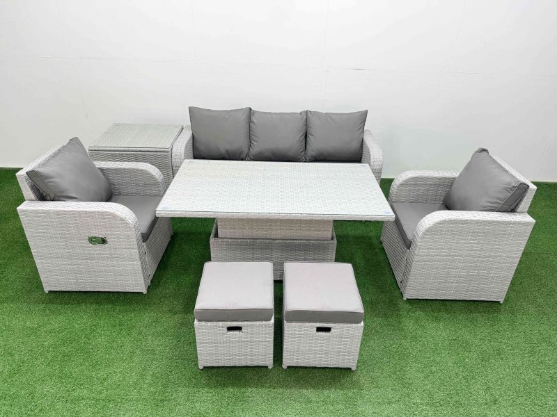 Fimous PE Rattan Garden Furniture Set Reclining Chair Sofa Lounge Sofa Set Adjustable Lifting Dining or Coffee Table Side Table 2 Small Stools Light Grey