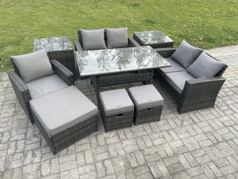 Fimous Outdoor Garden Dining Set Wicker PE Rattan Furniture Sofa with Rectangular Dining Table Double Seat Sofa 2 Side Tables 3 Footstools Dark Grey Mixed