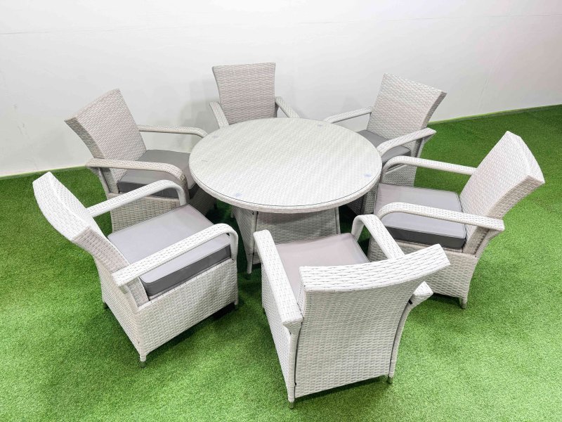 Fimous Wicker PE Rattan Garden Furniture Set Patio Outdoor 6 Chairs Plus Big Round Table Set Light Grey Mixed