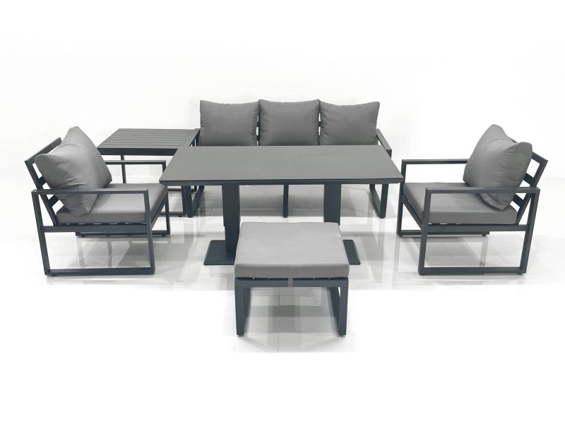 Fimous Outdoor Aluminium Garden Furniture Set with Adjustable Rising Lifting Dining Table 3 Seater Sofa 2 Chair Big Footstool Side Table Dark Grey