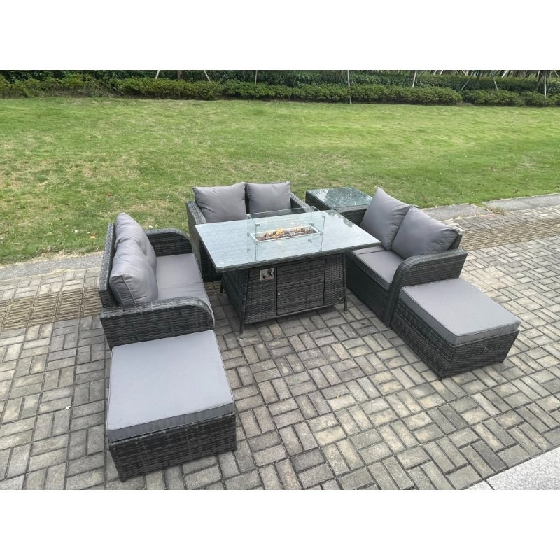 Fimous Rattan Outdoor Garden Furniture Sofa Set Gas Fire Pit Dining Table Gas Heater with Side Table Love Sofa 2 Big Footstool Dark Grey Mixed