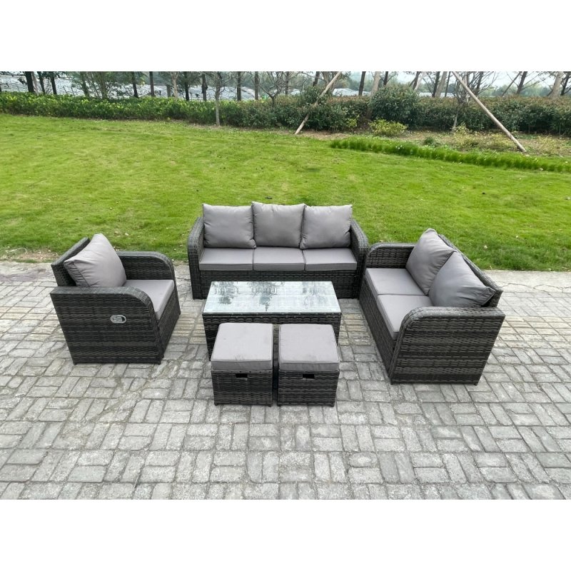 Fimous 8 Seater High Back Rattan Garden Furniture Set with Loveseat Sofa Rectangular Coffee Table 2 Small Footstools Indoor Outdoor Patio Lounge Sofa Set Dark Grey Mixed