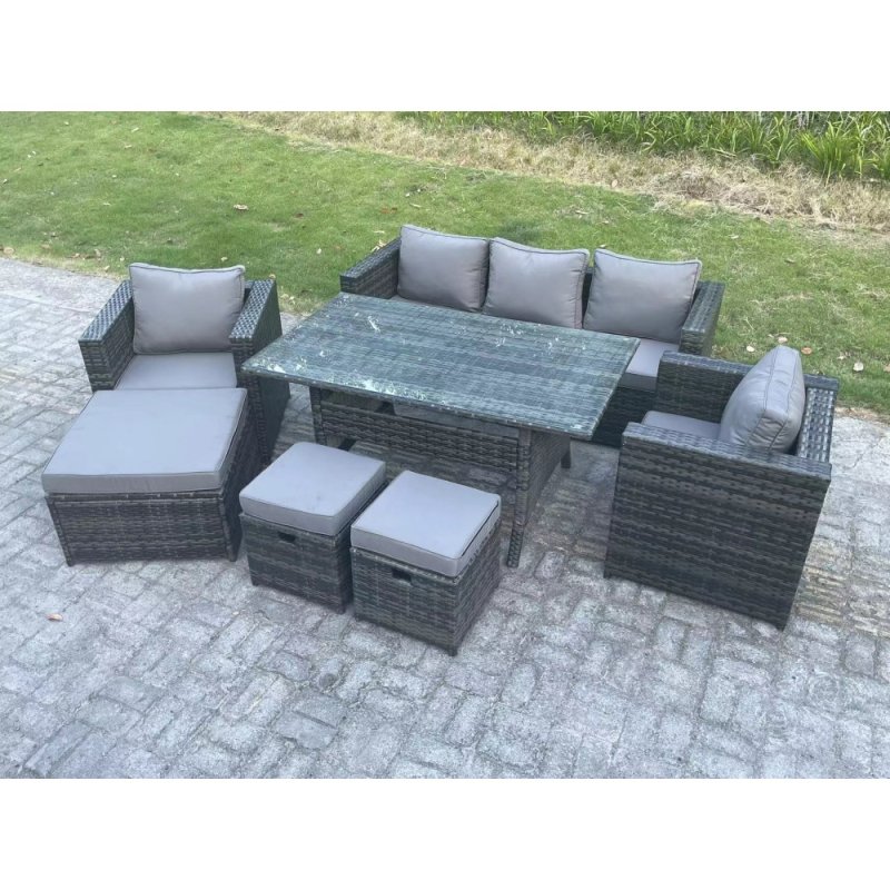 Fimous Outdoor Garden Furniture Set Patio Rattan Rectangular Dining Table Lounge Sofa Chair with Big Footstool 2 Small Stools Dark Grey Mixed
