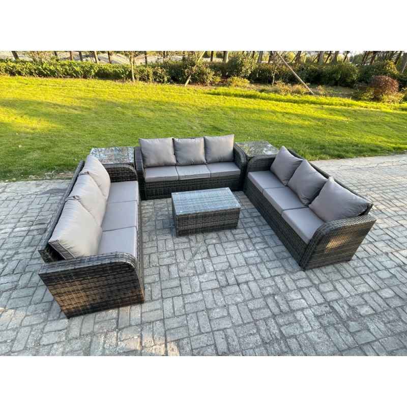 Fimous Rattan Lounge Sofa Set 9 Seater Outdoor Garden Furniture Set with Rectangular Coffee Table 3 Seater Sofa 2 Side Tables Dark Grey Mixed