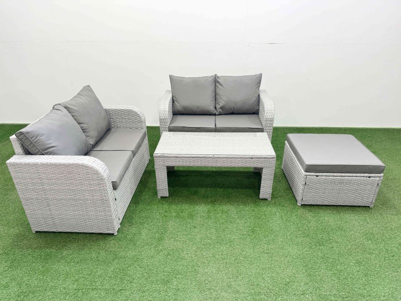 Fimous 5 Seater Outdoor Love Sofa Set Rattan Garden Furniture Set with Oblong Coffee Table Big Footstool Light Grey