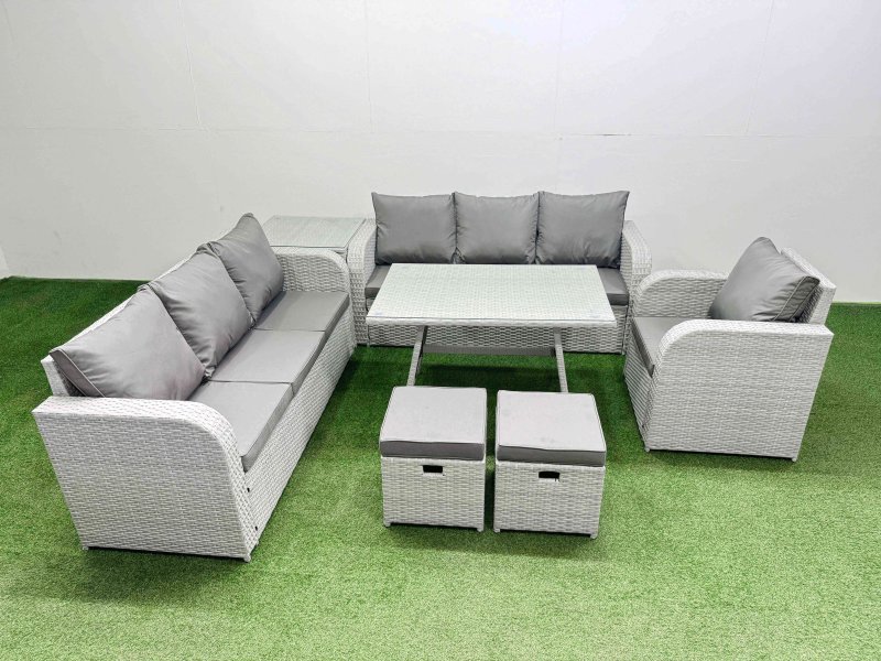 Fimous 7 Pieces Outdoor PE Rattan Garden Furniture with Cushions Reclining Chair Side Table 2 Small Stools Light Grey