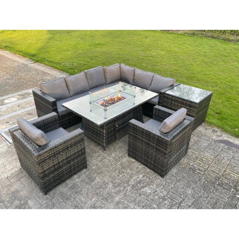 Fimous Outdoor Rattan Garden Corner Furniture Gas Fire Pit Dining Table Gas Heater Sets Lounge Chairs Side Table Dark Grey 8 Seater