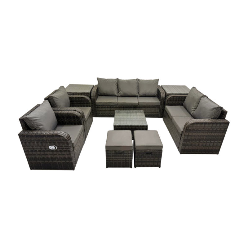 Fimous 3 Seater Sofa Reclining Chair Coffee Table Set Rattan Garden Outdoor Furniture Set with 2 Side Tables 2 Small Stool Dark Grey Mixed