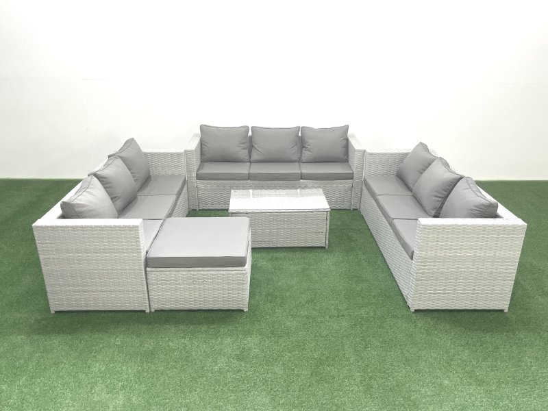 Fimous Rattan Garden Outdoor Furniture Set 10 Seater Garden Sofa Coffee Table Set with Big Footstool Light Grey Mixed