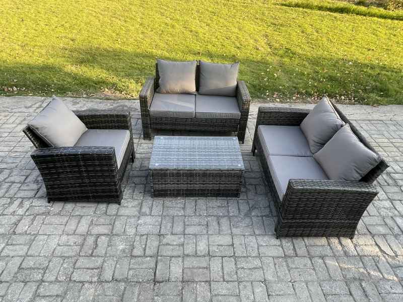 Fimous Wicker Rattan Garden Furniture Sofa Set with Rectangular Coffee Table Double Seat Sofa Chair 5 Seater Outdoor Rattan Set Dark Grey Mixed