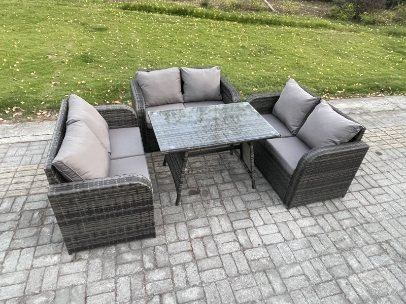 Fimous Rattan Garden Furniture Set 6 Seater Patio Outdoor Love Sofa Set with Rectangular Dining Table Dark Grey Mixed