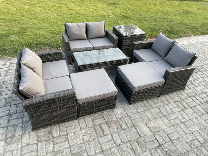 Fimous Outdoor U Shape Sofa Set Wicker PE Rattan Garden Furniture Set with Coffee Table Double Seat Sofa 2 Big Footstool Side Table Dark Grey Mixed