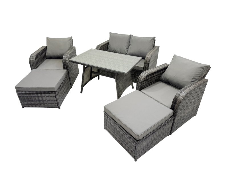 Fimous 6 Seater Garden Outdoor Rattan Furniture Set Rattan Sofa Oblong Dining Table with 2 Big Stools Dark Grey