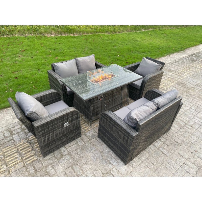 Fimous Rattan Outdoor Furniture Gas Fire Pit Rectangle Dining Table Gas Heater Adjustable Reclining Chairs Love Sofa Sets 6 Seater
