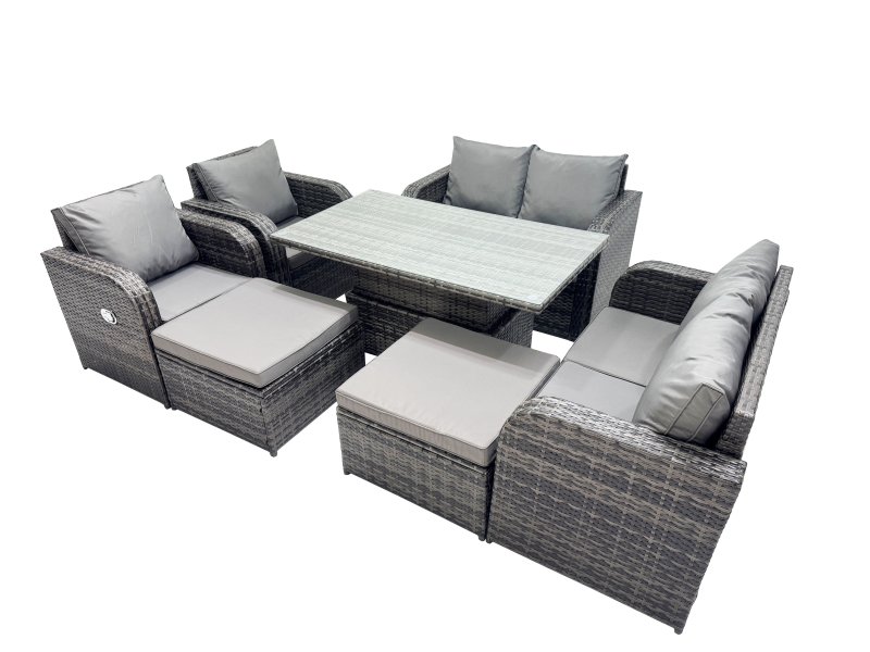 Fimous 8-seater Patio Height Adjustable Rising Lifting Table Sofa Sets Rattan Garden Furniture Dining Set with 2 Big Footstool Dark Grey Mixed