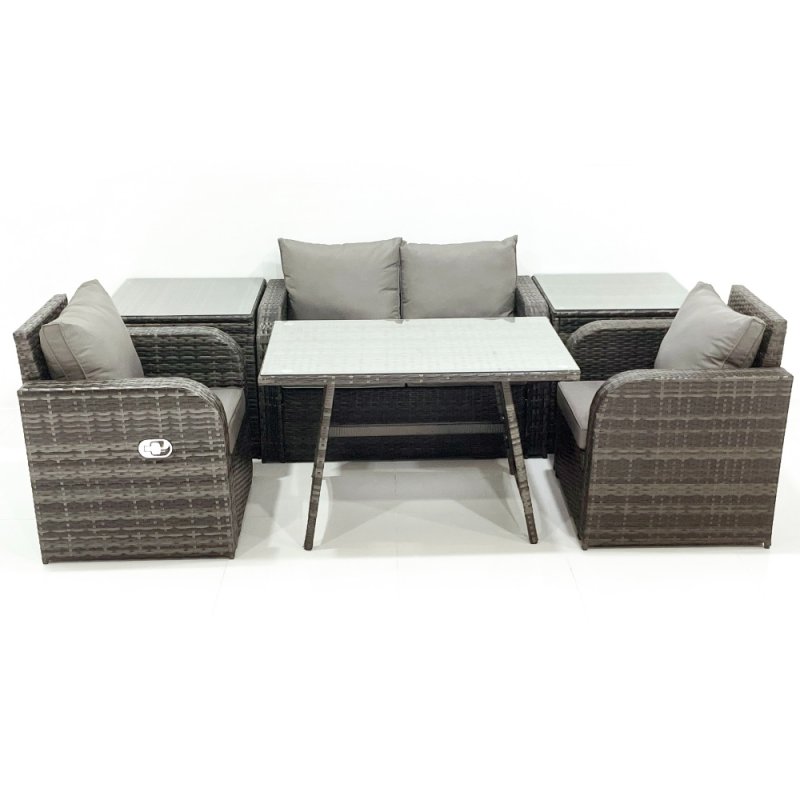 Fimous Outdoor Garden Furniture Set Rattan Sofa Dining Table Set with Reclining Chair 2 Side Tables Dark Grey Mixed