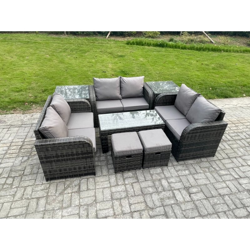 Fimous Outdoor Garden Furniture Sets 8 Pieces Wicker Rattan Furniture Sofa Sets with Rectangular Coffee Table Love seat Sofa 2 Small Footstools 2 Side Tables