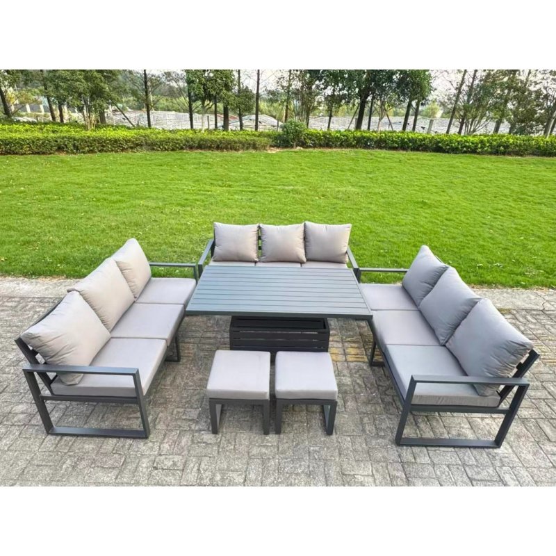 Fimous U-shaped Garden Furniture Set 10-Seater Aluminium Outdoor Dining Set with Adjustable Rising Lifting Dining Table 2 Side Tables Big Footstool Dark Grey