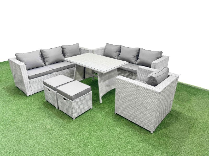 Fimous Outdoor Rattan Garden Furniture Dining Set 9-seater Patio Rectangular Table 3 Seater Sofa Armchair Set with 2 Small Stools