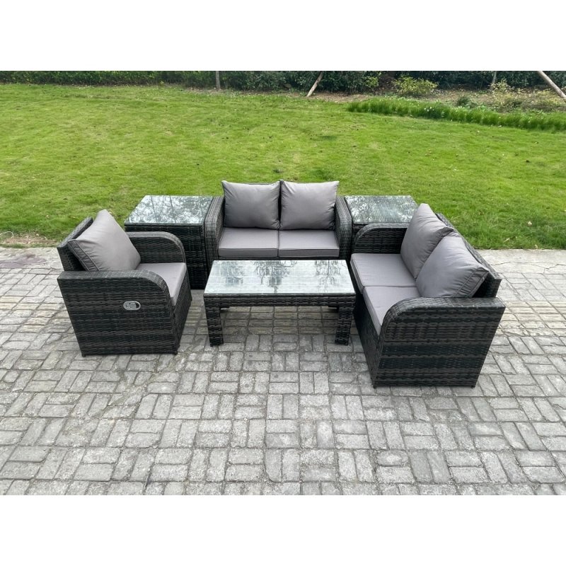 Fimous Rattan Outdoor Garden Furniture Sofa Set Patio Table & Chairs Set with 2 Side Tables Dark Grey Mixed