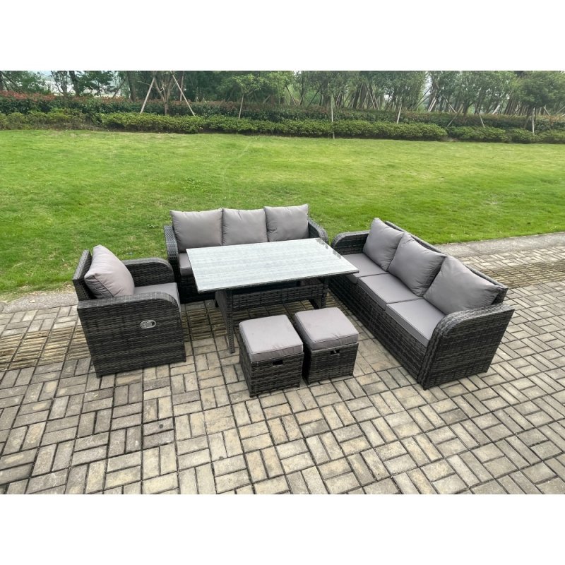 Fimous 9 Seater Lounge Rattan Sofa Set Outdoor Garden Furniture Oblong Rectangular Dining Table With Adjustable Chair 2 Small Footstools Dark Grey Mixed