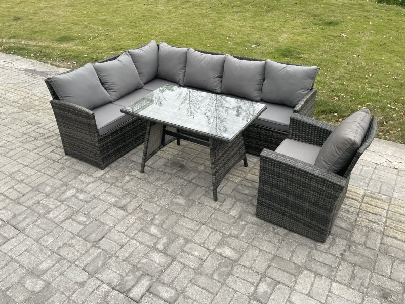 Fimous Wicker Rattan Garden Furniture Corner Sofa Set with Oblong Dining Table Armchair 7 Seater Outdoor Rattan Set Dark Grey Mixed