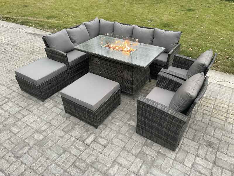 Fimous 10 Seater Outdoor Rattan Garden Furniture Set Corner Sofa Gas Fire Pit Dining Table Sets Gas Heater with 2 Big Footstool 2 Armchair Dark Grey Mixed