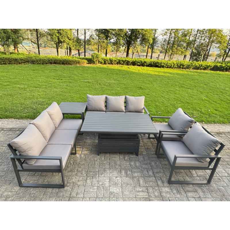 Fimous Garden Aluminium Furniture Set Dark Grey 8 Seater Outdoor Patio Adjustable Rising Lifting Dining Table with 2 Chairs Dark Grey